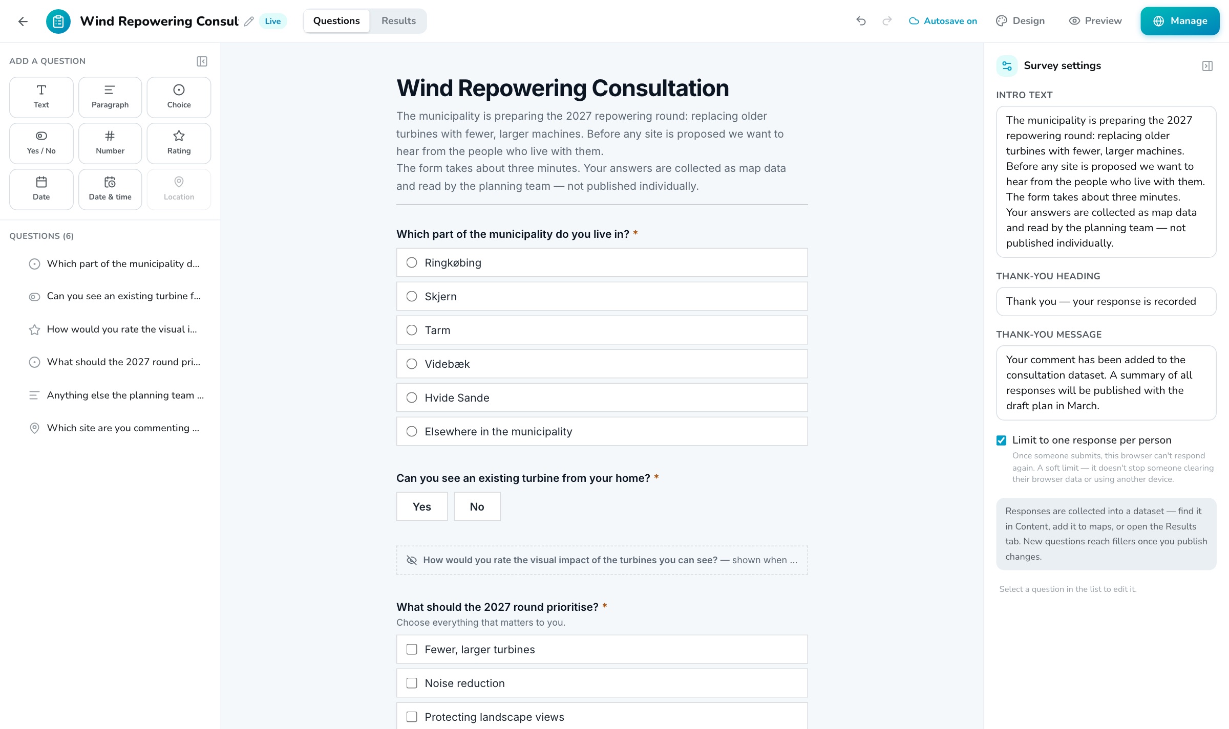 The survey builder with the question palette, the live form preview and the settings panel